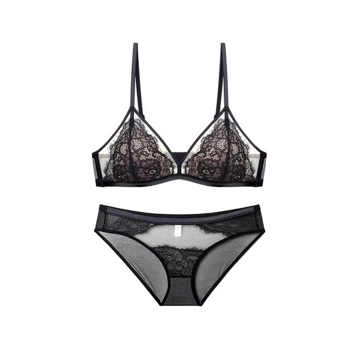 Chenwu French Sexy Underwear Women's Wireless French Bra Set Lace Small Breast Gather Thin Pure Lust Bra Black Set M 34/75AB