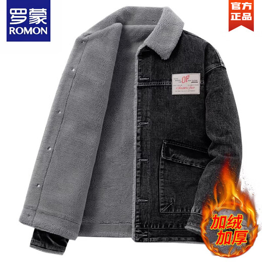 ROMON осенне-зимняя бархатная джинсовая куртка мужская утепленная теплая верхняя одежда с лацканами модная рабочая одежда повседневная мужская куртка серо-черная 2257-1 бархат M
