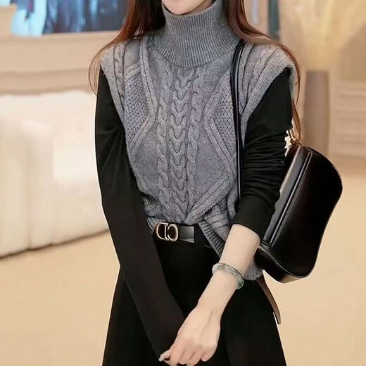 The same style in the mall, elegant reversible vest, loose turtleneck, stacked top, fashionable and versatile pullover sweater for women, gray M, recommended 90-120 Jin Jin equals 0.5 kg