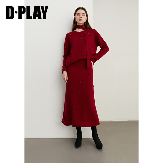 DPLAY2025 Autumn New Red Sweater Suit Women's New Year's Style Wool Knitted Sweater Skirt Anchor Red-Skirt S