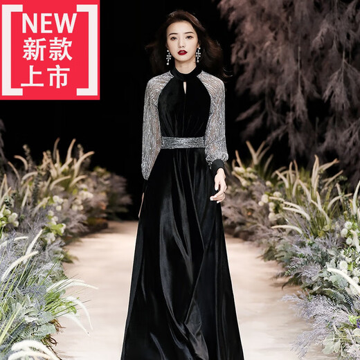 AIKUAMAO adult dress for women 18 years old, high-end black velvet evening dress for women 2023 banquet temperament, high-end light luxury, black LME3223 mid-length M