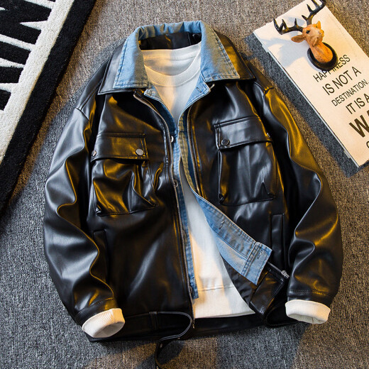 Playboy American spliced denim fake two-piece leather jacket men's sexy men's handsome motorcycle lapel jacket trendy black M