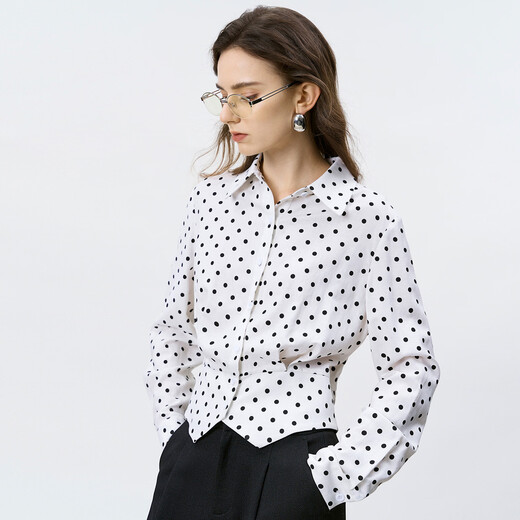 Yanyu unique polka dot linen shirt women's 2026 spring new style exquisite temperament long-sleeved waist women's top black and white dot S
