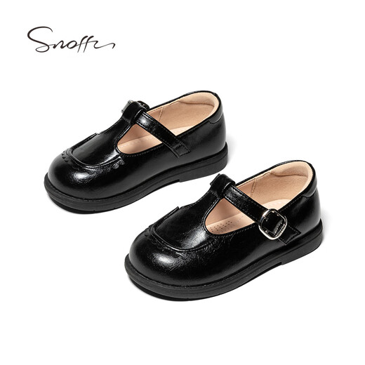 Snafy girls black leather shoes spring new 2026 little girl T-shaped campus soft sole non-slip baby shoes truffle black 25 feet length 15.55cm