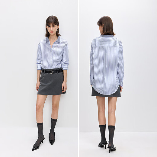 LILY2026 Spring New Pure Cotton Simple Lapel Striped Loose Casual Commuting Light Color Long Sleeve Shirt Jacket Women 424 Light Gray Blue S