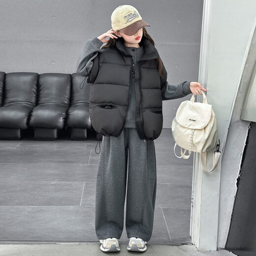 Wooden house girl's winter vest plus velvet and thickening for middle and large children 2026 new style autumn and winter style children's three-piece trendy black cotton vest thickened 140 recommended height 125-135 weight 50-60 Jin Jin is equal to 0.5 kg