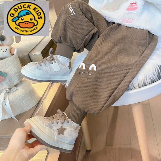 G.duck little yellow duck girls' one-piece velvet pants autumn and winter 2025 new baby girl's velvet thickened sweatpants children's winter break pink 120 cm recommended height 111-120