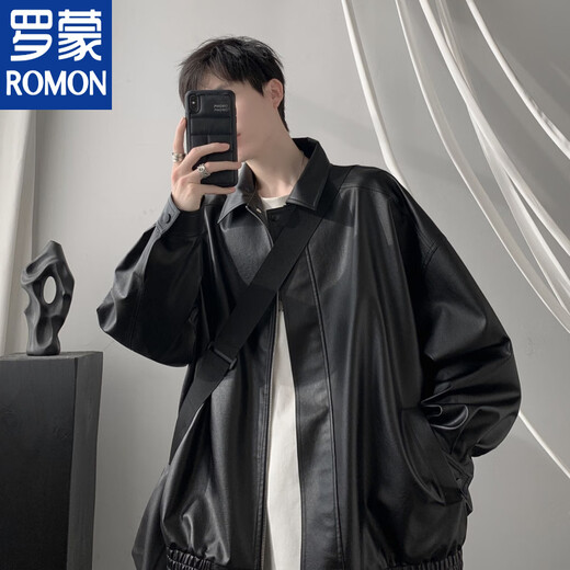ROMON winter leather jacket men's velvet thickened American high street motorcycle jacket handsome loose casual pu leather top black-velvet high quality thickened 2XL quality higher than peers