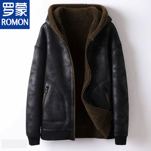 ROMON 2025 новая двусторонняя мотоциклетная куртка плюс бархатная утолщенная замшевая меховая куртка «все в одном», мужская меховая куртка коричневого + черного цвета с капюшоном 3XL 145-165Jin Jin равна 0,5 кг