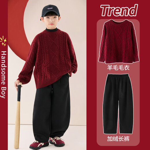 I.KARNOW Boys New Year Suit 2025 Winter New Year Clothes Big Children Red Sweater Zodiac Year Children New Year Clothes Plus Velvet 19741 Angora Red + 15436 Black Velvet Scimitar Pants 120
