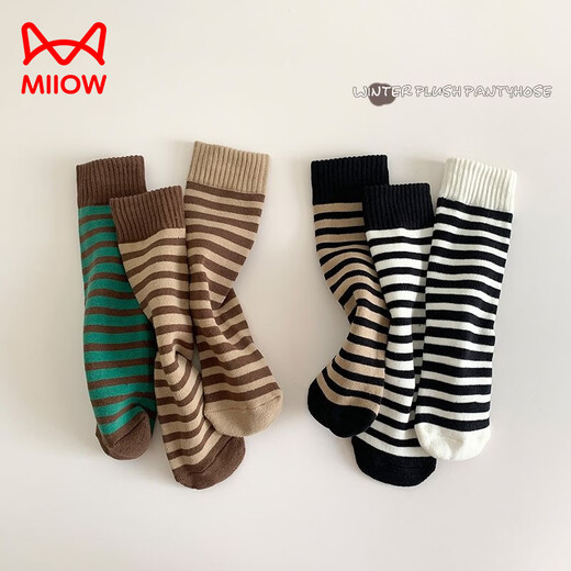 MiiOW Children's Socks Autumn and Winter Plus Velvet Thickened Stockings Men's and Women's Winter Simple Striped Mid-calf Warm Socks Black and White/Strip + White and Black/Strip/2 Pairs One Size Straight 1-12 Years Old