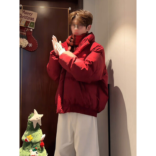 Main style (ZHUYIFAN) burgundy stand-up collar American down jacket for boys Christmas and New Year shirt short jacket warm thickened bread jacket red upgraded version M