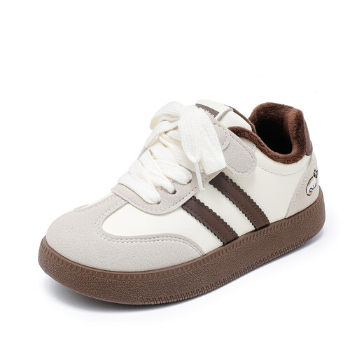 ABJA versatile soft-soled children's moral training shoes for boys and girls, children's casual shoes 2025 winter new plus velvet two-cotton sneakers, beige 32