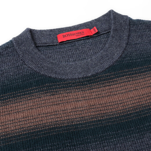Bosssunwen 100% sheep wool new spring style skin-friendly breathable contrast jacquard men's long-sleeved round neck cardigan gray striped M