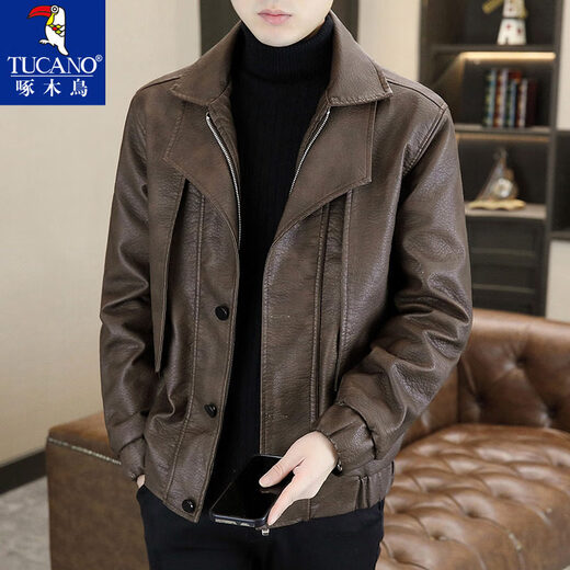 TUCANO autumn and winter new design fake two-piece leather jacket for men with velvet and thickened Korean style motorcycle jacket 98819 brown/velvet 2XL recommended 130-150Jin Jin equals 0.5 kg