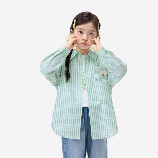 Xiaoyinman children's clothing girls plaid shirt love mark 26 spring fashion lapel top for older children and girls green plaid 160