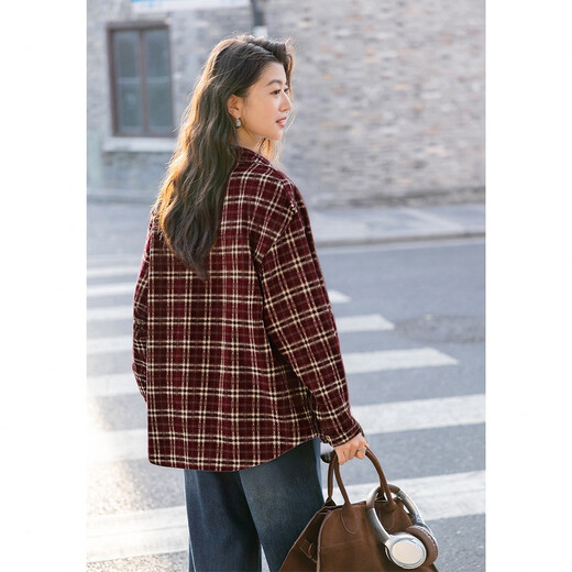 Ives (ITISF4) retro plaid long-sleeved shirt spring loose design top for junior high school and high school students red plaid S