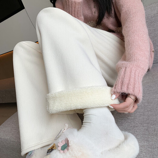 Trendy camel velvet plus velvet wide-leg pants for women, high-waisted, loose, casual, straight-leg trousers, drapey, thickened, warm cotton trousers, dark blue L