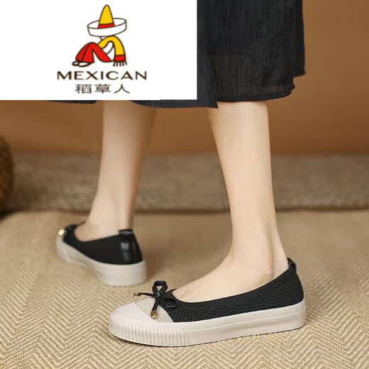 稻草人（MEXICAN）渔夫鞋2024浅口圆头单鞋女编织鞋飞织平底色厚底乐福鞋 黑色 蝴蝶结 36