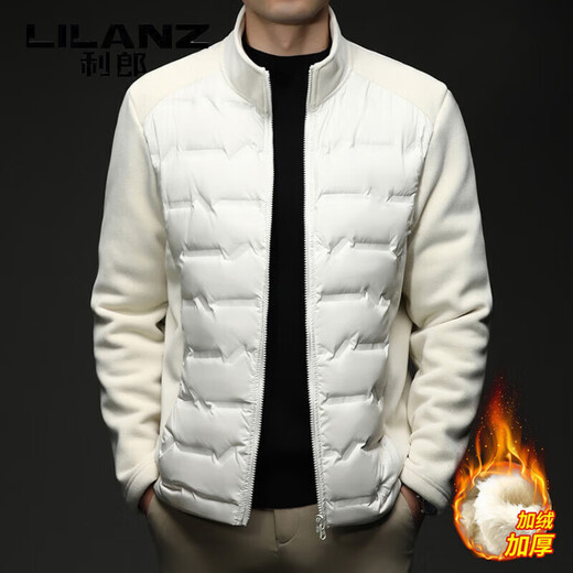 LILANZ thin down jacket for men in autumn and winter, warm spliced polar fleece, middle-aged white duck down jacket, short fleece jacket, off-white L