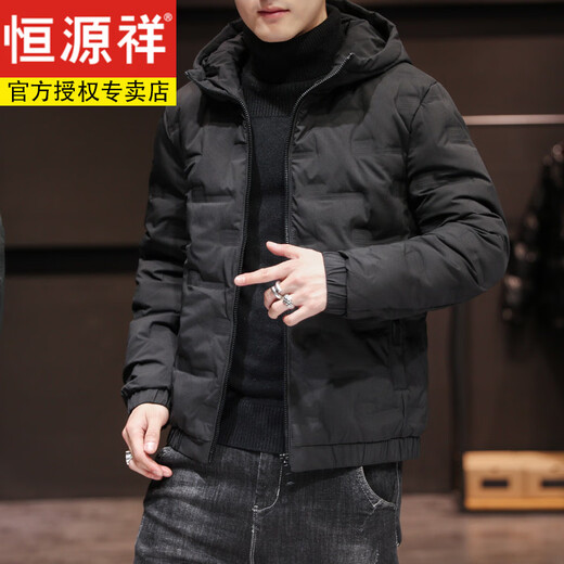 Hengyuanxiang down jacket men's winter new thin short style warm thickened white duck down hooded jacket winter men's jacket washed cotton 1Y1988 black M