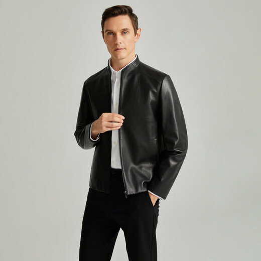 SATCHI Retro Stand Collar Solid Color Casual Light Mature Commuting Versatile Soft Leather Jacket Men's Black Black One Size 52