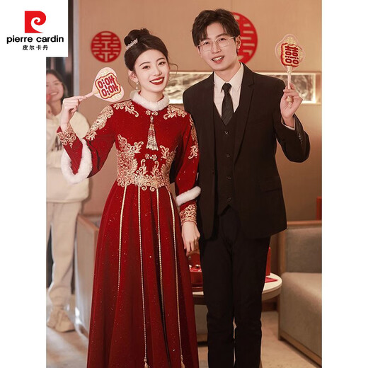 Pierre Cardin Cheongsam Toast Wear Bride 2025 New Red Engagement Wedding Dress Chinese Style Xiuhe Wedding Dress Long Sleeve Winter Burgundy 2XL