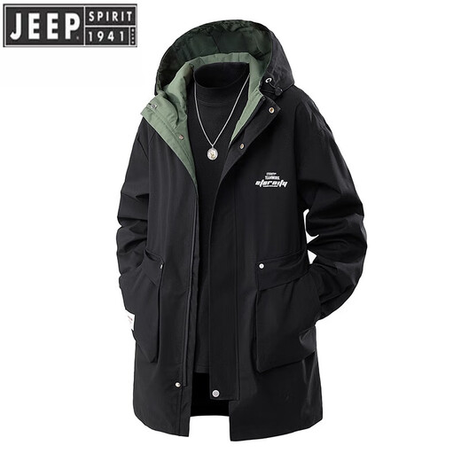 JEEP SPIRIT genuine men's mid-length windbreaker 2026 autumn and winter plus velvet thickening large size casual loose coat clothes 6851 black 2XL weight 140-160Jin Jin equals 0.5 kg