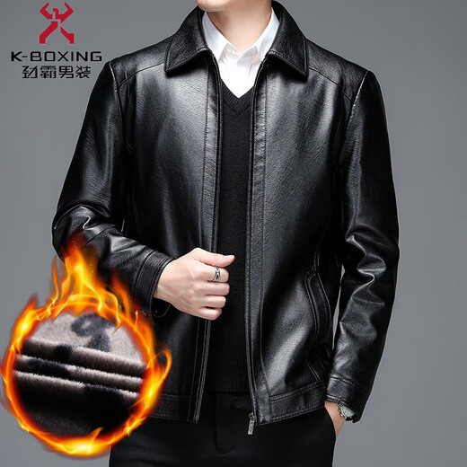 KBXNG Jinba leather jacket plus velvet quilting and thickened stand collar men's winter soft leather jacket leather jacket short middle-aged men yellow yellow L 175