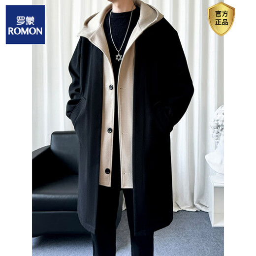 ROMON fake two-piece black woolen coat, men's mid-length hooded windbreaker, a complete set for winter, black single coat M (95-115Jin Jin equals 0.5kg)