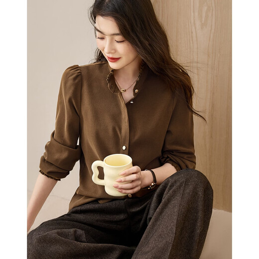 Demana Cheese Brushed Winter Warm Slim Shirt Commuting Stand Collar Lace Decoration Puff Sleeve Shirt Women's Top