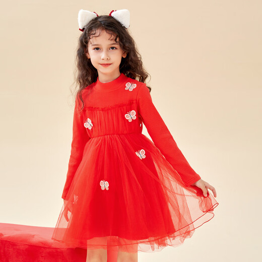 Montagut Children's Clothing Girls Autumn and Winter New Three-dimensional Bow Round Neck Children's Spliced Mesh Skirt New Year's Festive Dress Fashion