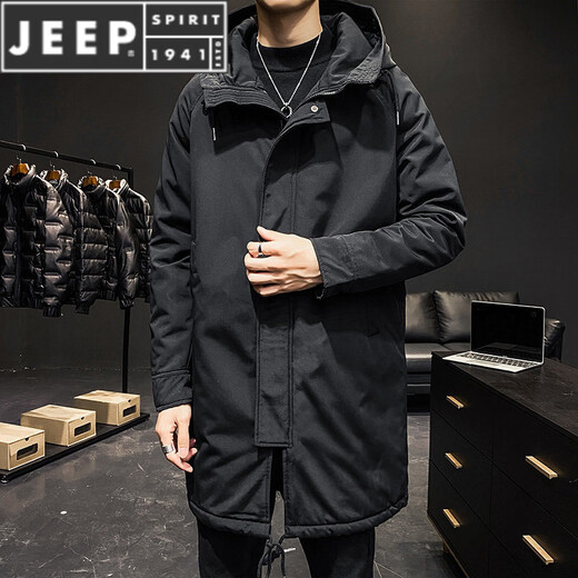 JEEP SPIRIT cotton coat men's mid-length winter thickened parka cotton coat loose hooded workwear windbreaker jacket ins coat military green quilted M