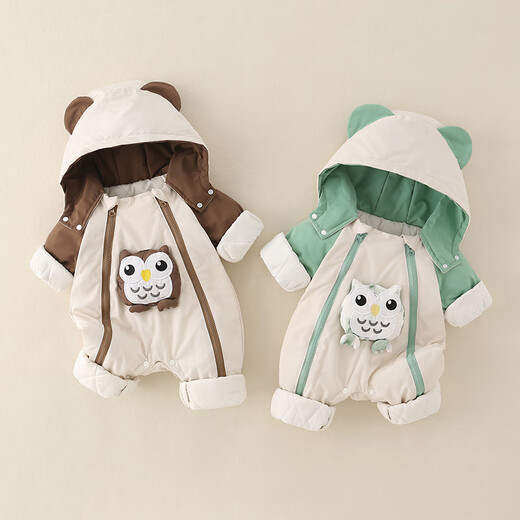 Disney (Disney) autumn and winter baby jumpsuit type A children's outdoor windproof and warm clothes baby hooded crawling clothes cotton-padded clothes khaki 36cm 66