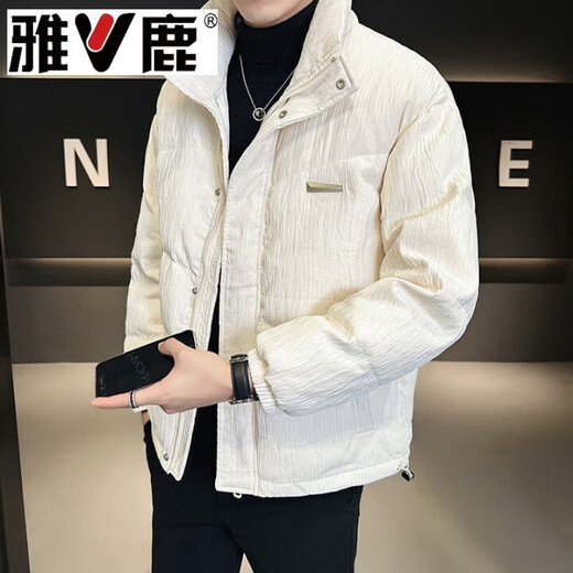雅鹿潮牌韩版男士白鸭绒服外套2026冬季新款加厚青年痞帅短款面包服  黑色 M