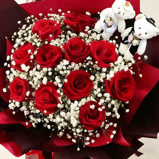 Dream Fairy Flower Express Rose Bouquet for Wife and Girlfriend, Birthday Gift Flowers Nationwide Delivered to the City on Anniversary, Lifetime 2 Bears + 11 Red Roses Flower Bouquet