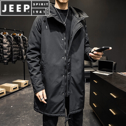 JEEP SPIRIT cotton coat men's mid-length winter thickened parka cotton coat loose hooded workwear windbreaker jacket ins coat military green quilted M
