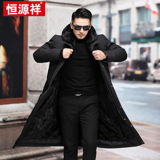 Hengyuanxiang Haining Paike men's winter mid-length cotton coat and fur one-piece thickened imitation fur jacket middle-aged military coat brand high-end men's classic black large long length about 112 4XL 165 to 185 Jin Jin is equal to 0.5 kg