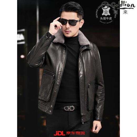 GOLDLION G+Goldlion Leather Men's Genuine Leather Haining Jacket Short First Layer Cowhide Mink Fur Collar Down Jacket Fur Black Down Liner L Recommended weight 110Jin Jin is equal to 0.5kg -125Jin Jin is equal to 0.5kg
