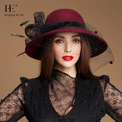 EE Invierno Moda británica Sombrero de fieltro de lana para mujer Sombrero de lana de ala grande de malla informal versátil de invierno 5050 Borgoña ajustable (53-58 cm)