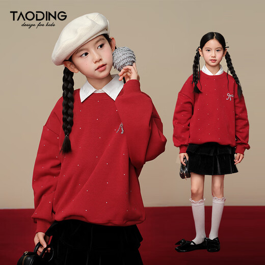 Taoding flash diamond design girls' velvet sweatshirt autumn and winter brilliant creative bow velvet sweater high-end red 120