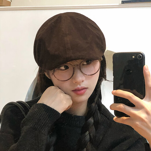 Wanjiazhen Japanese retro suede brown forward hat for women with big head circumference and face, small literary and artistic versatile reverse-wearing beret hat trend Japanese retro solid color forward hat brown coffee color