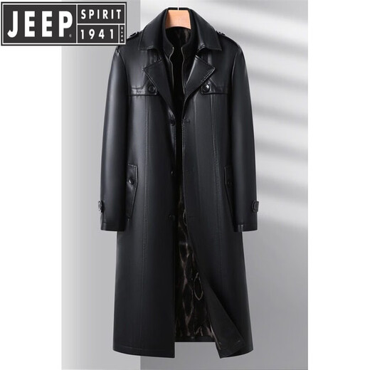 JEEP SPIRIT Leather Jacket Men's Business Plush Thickened Leather Jacket Extra Long Over-the-Knee Fur One-piece Warm Leather Coat Jacket Black M 170
