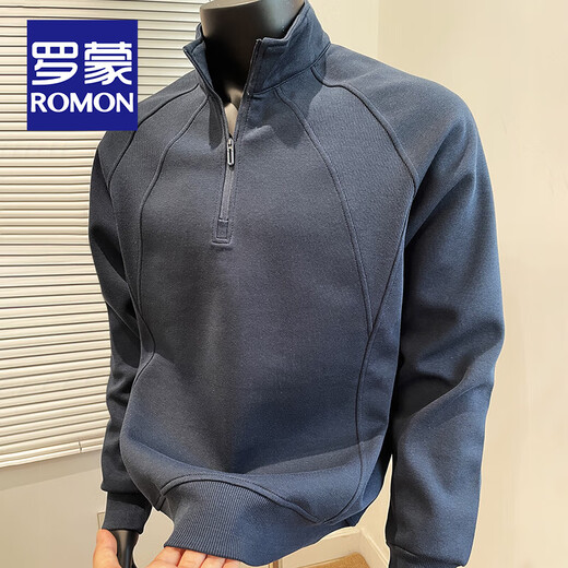 ROMON American versatile patchwork sweatshirt for men in spring and autumn, new trendy half-zip pullover, loose and versatile stand-up collar top for men, khaki XL size (recommended 140-160)