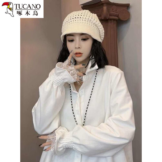 Woodpecker Plush Korean Medium Length Plus Size Design Niche White Shirt Women's Autumn and Winter Bf Belly Cover Casual Western Shirt Black Plush Shirt XS Recommended 40-60Jin Jin equals 0.5kg
