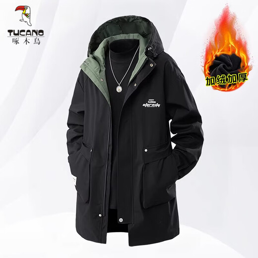 Woodpecker (TUCANO) hooded windbreaker jacket men's spring and autumn loose slimming mid-length jacket plus fat plus size fat casual coat black plus velvet 7XL 240-265Jin Jin equals 0.5 kg