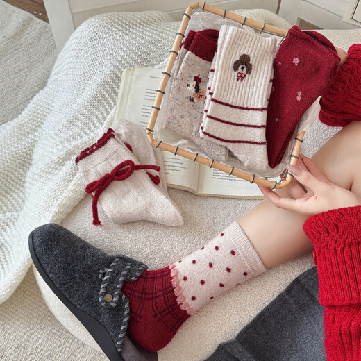 Christmas red socks for women in autumn and winter wool thickened warm bow dachshund socks polka dot New Year socks random style 1 pair one size fits all