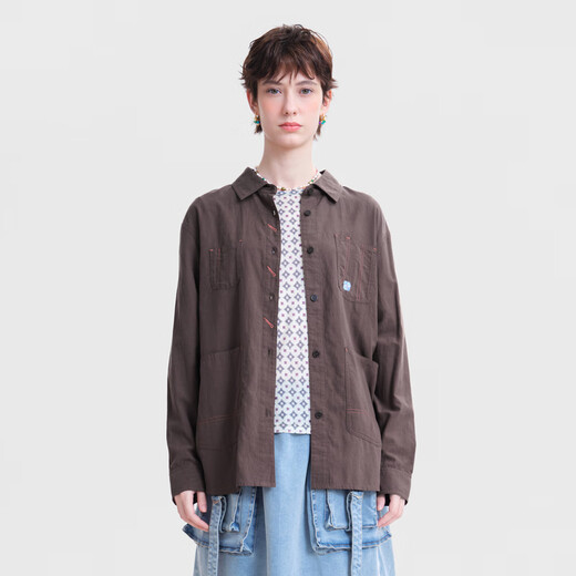 MOVEUP Shopping Mall Same Style 2026 Spring New Patch Pocket Embroidered Contrast Line Short Shirt for Women Khaki XS