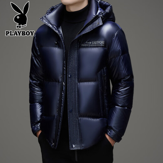 Playboy (PLAYBOY) Chaqueta de plumón para hombre, chaqueta cálida, corta, informal, de moda, con capucha brillante, resistente al viento e impermeable, color negro, M 170