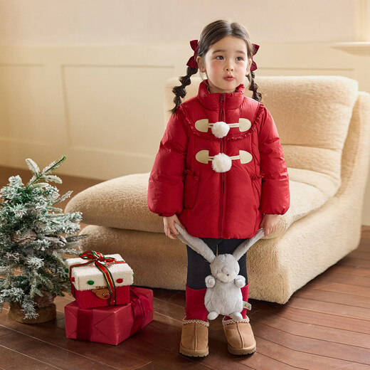 LUSON Children's Clothing Baby New Year Red Cotton Jacket Women 2026 New Girls Horn Button Padded Jacket Red 100